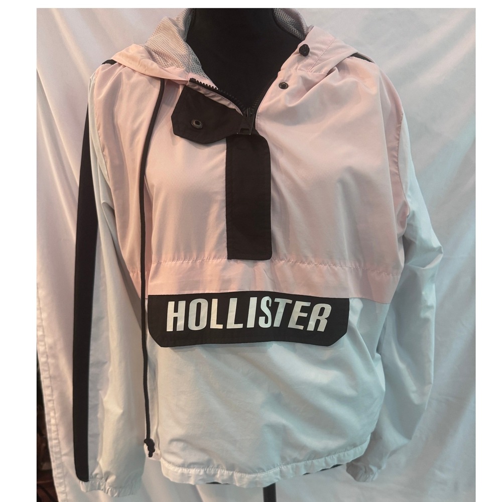 Hollister California Womens XL Windbreaker Jacket Pink White Colorblock Anorak